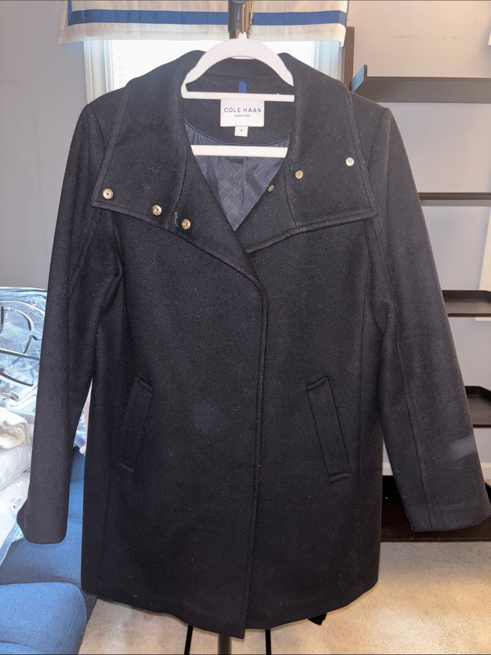 Cole Haan Black Wool-Blend Pea Coat with Snap Collar